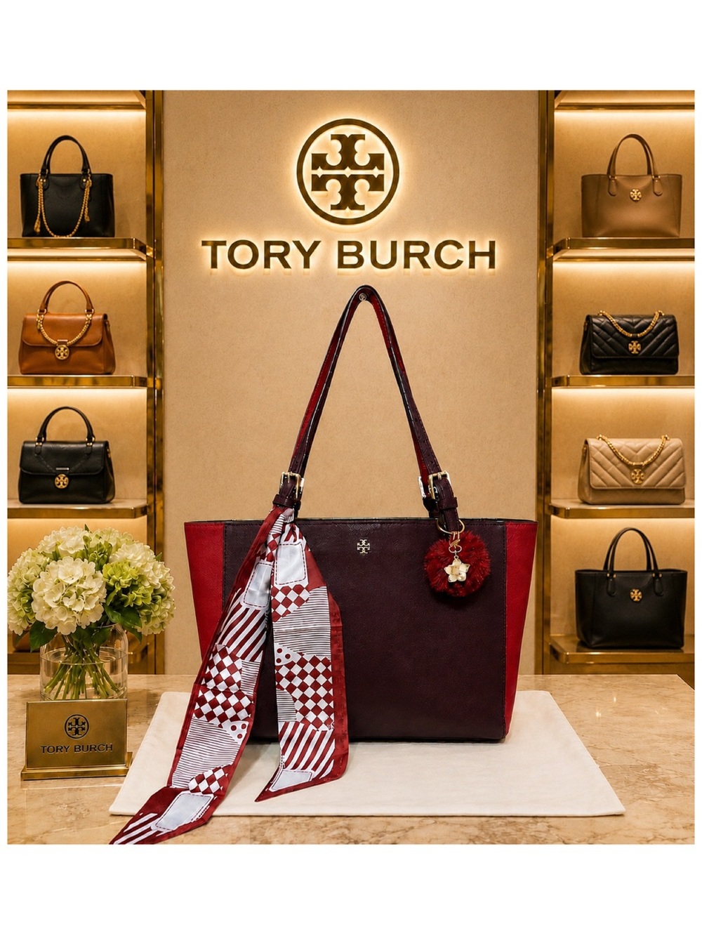 Tory Burch. York Leather Buckle Tote with Free Bag Scarf, Dust Bag & Bag Charm.